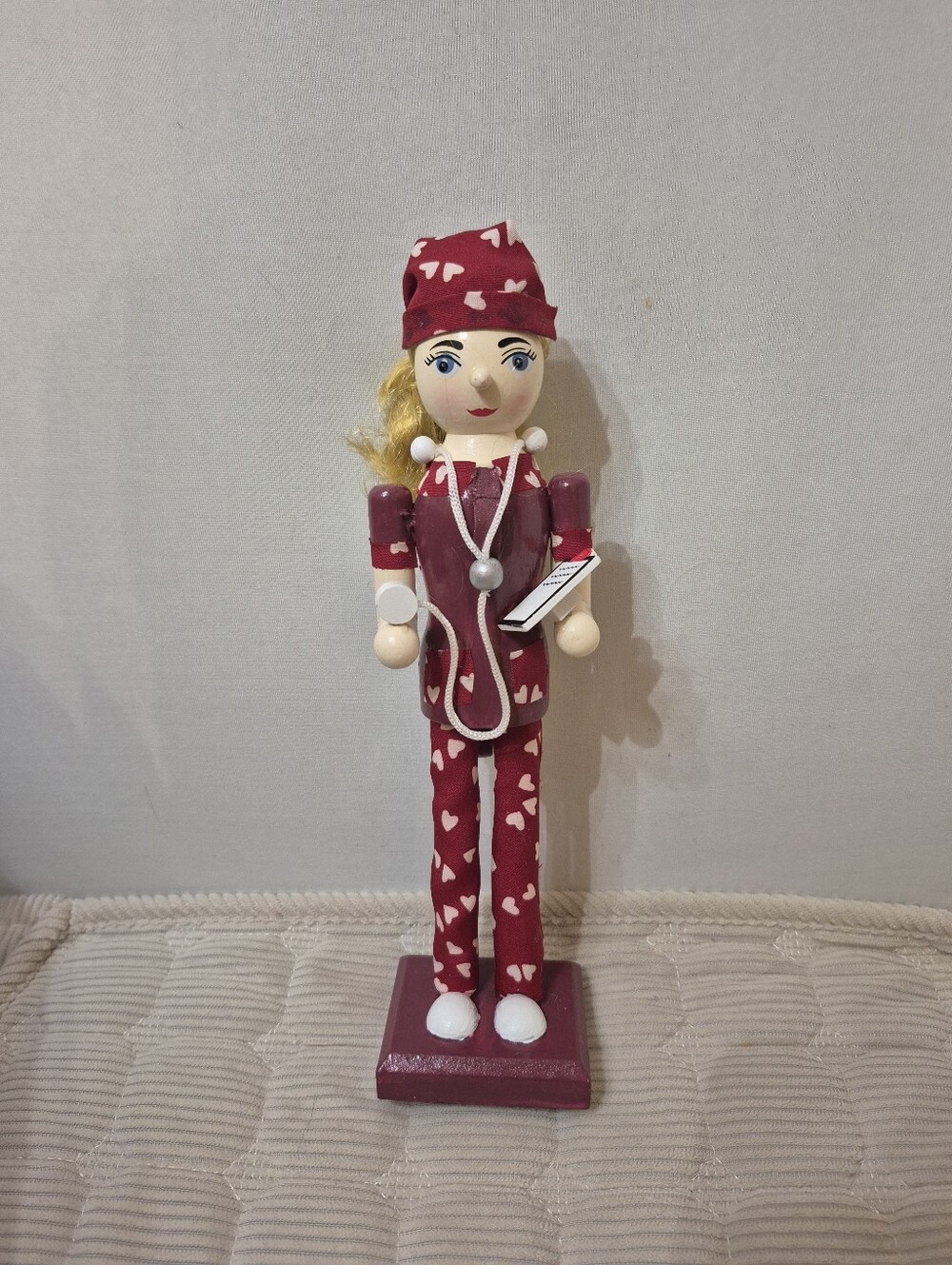Red Heart Pattern Nurse Nutcracker Doll